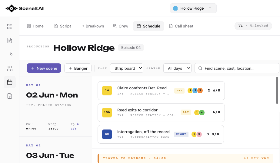 SceneItAll schedule view - stripboard for the Hollow Ridge production